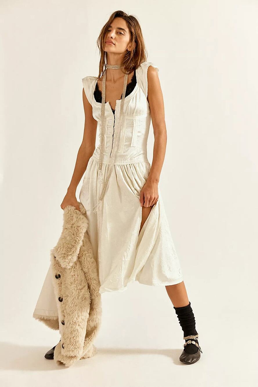New Free People Loveday Midi Dress $198 MEDIUM Ivory Bohemian Drop Waist
